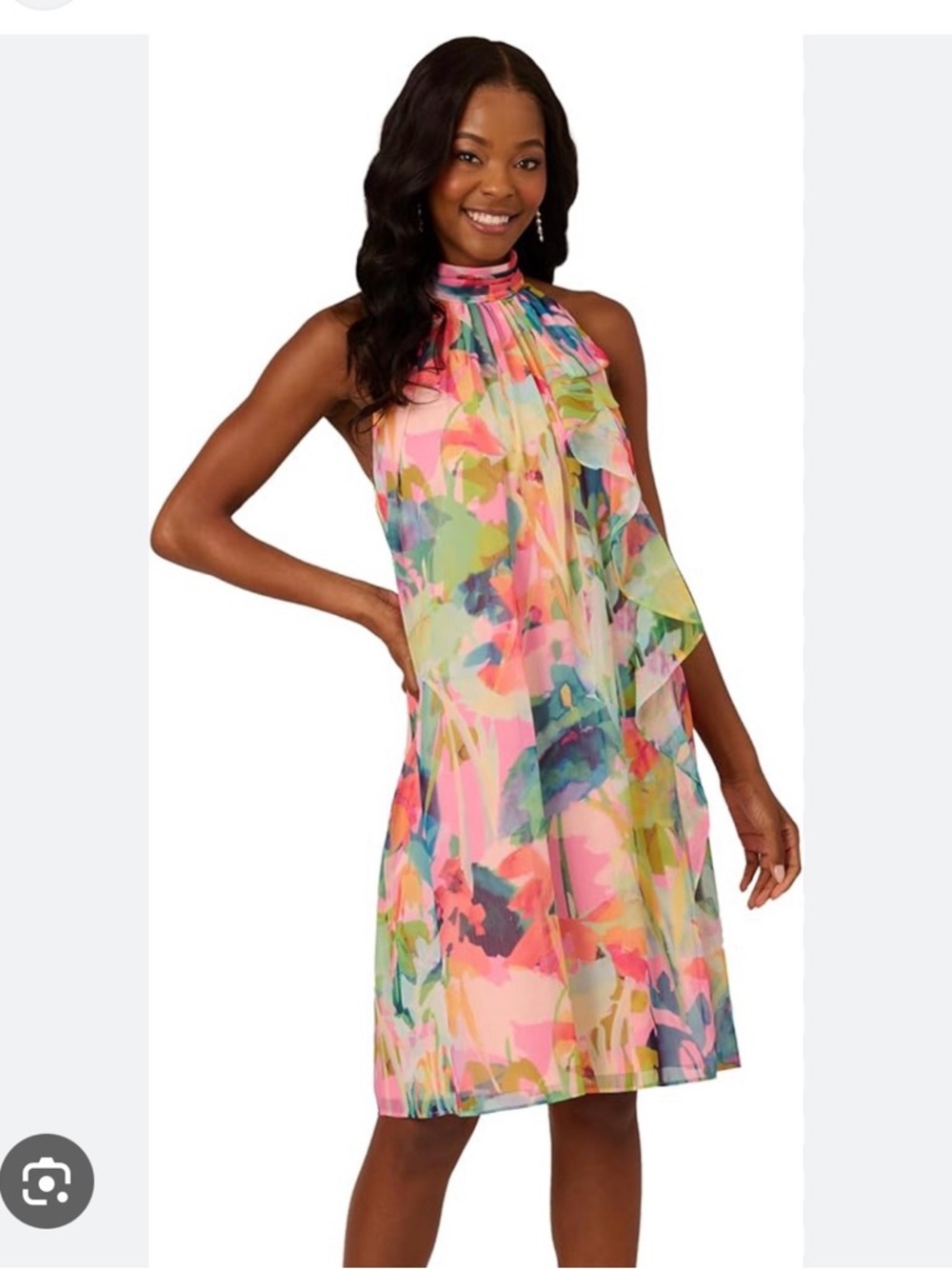 Adrianna Papell Pink Multicolor Floral High-Neck Dress